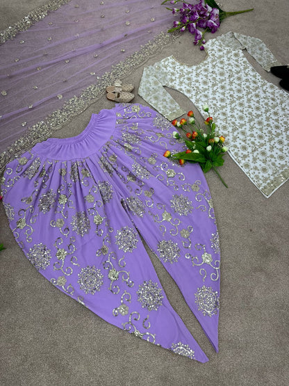 White With Lavender Color Top With Dhoti Suit