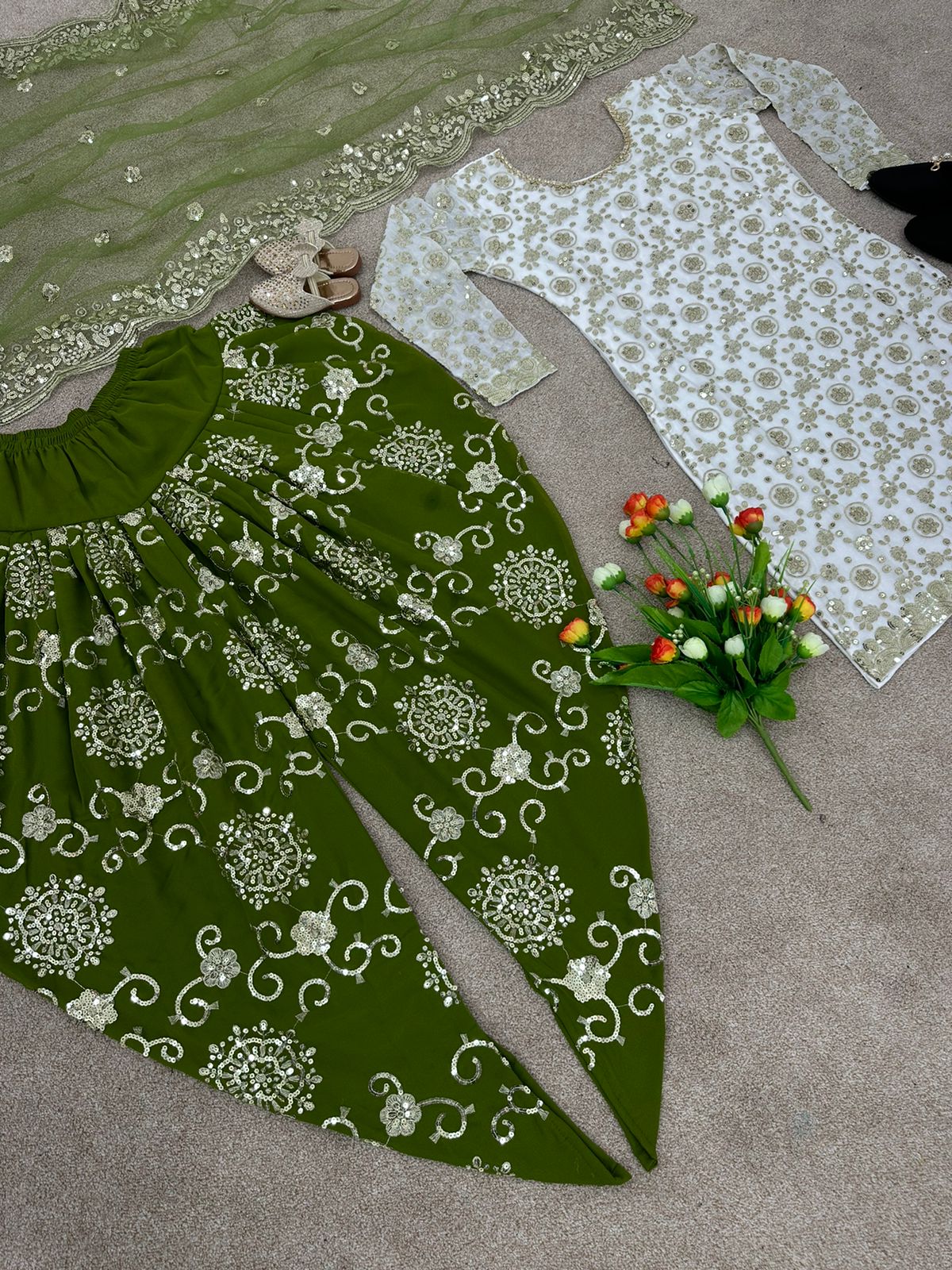 White With Green Color Top With Dhoti Suit