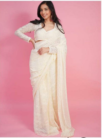 Stylish White Color Chikankari Work Ready To Wear Saree