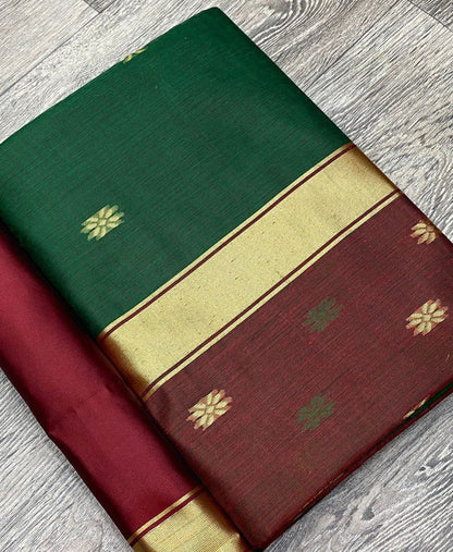 Linen Cotton Silk Green Color Saree With Maroon Border