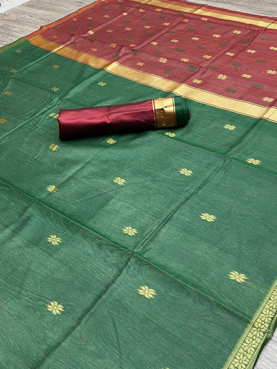 Linen Cotton Silk Green Color Saree With Maroon Border