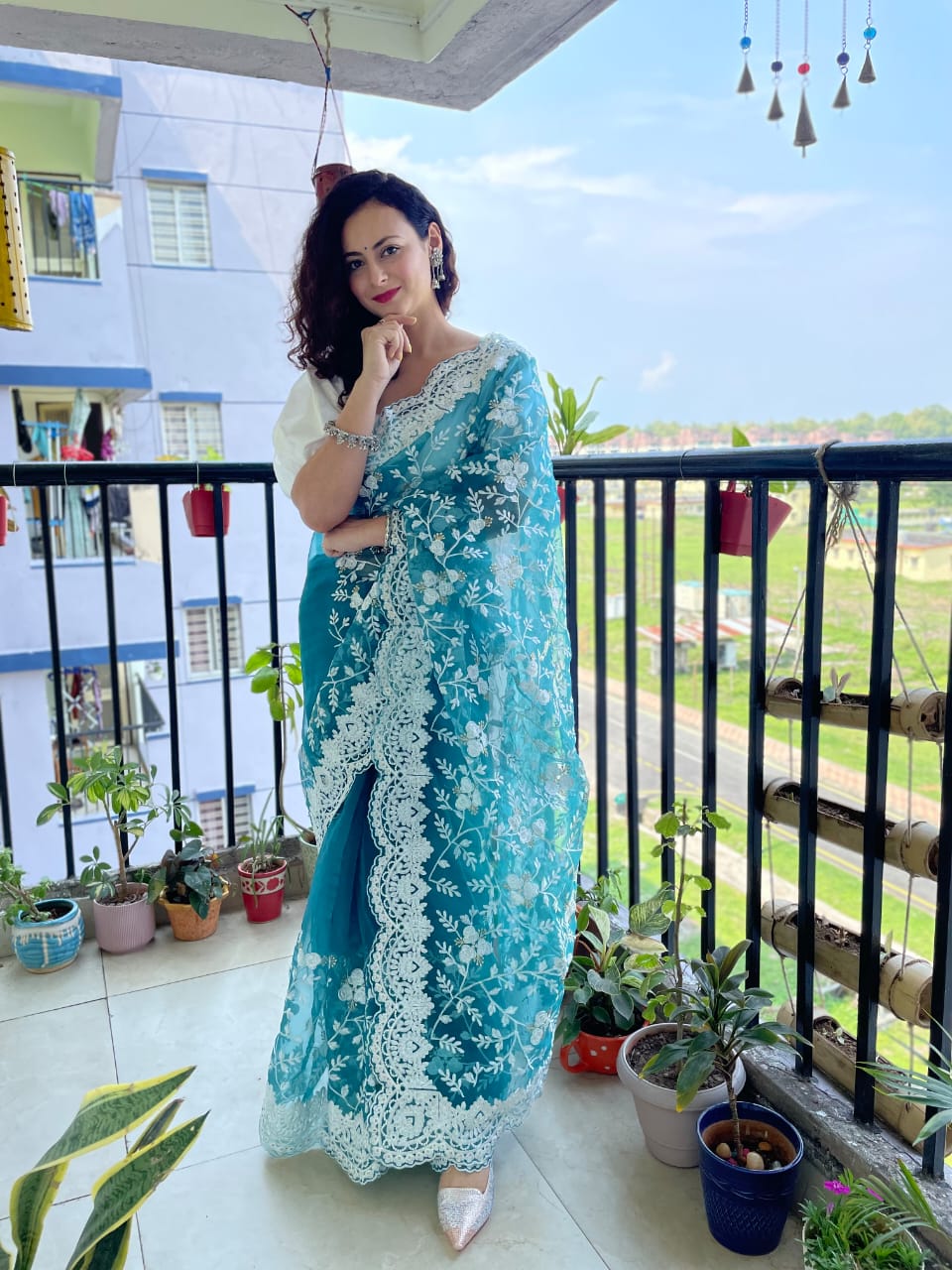 Organza Silk Embroidery Work Teal Blue Color  Saree