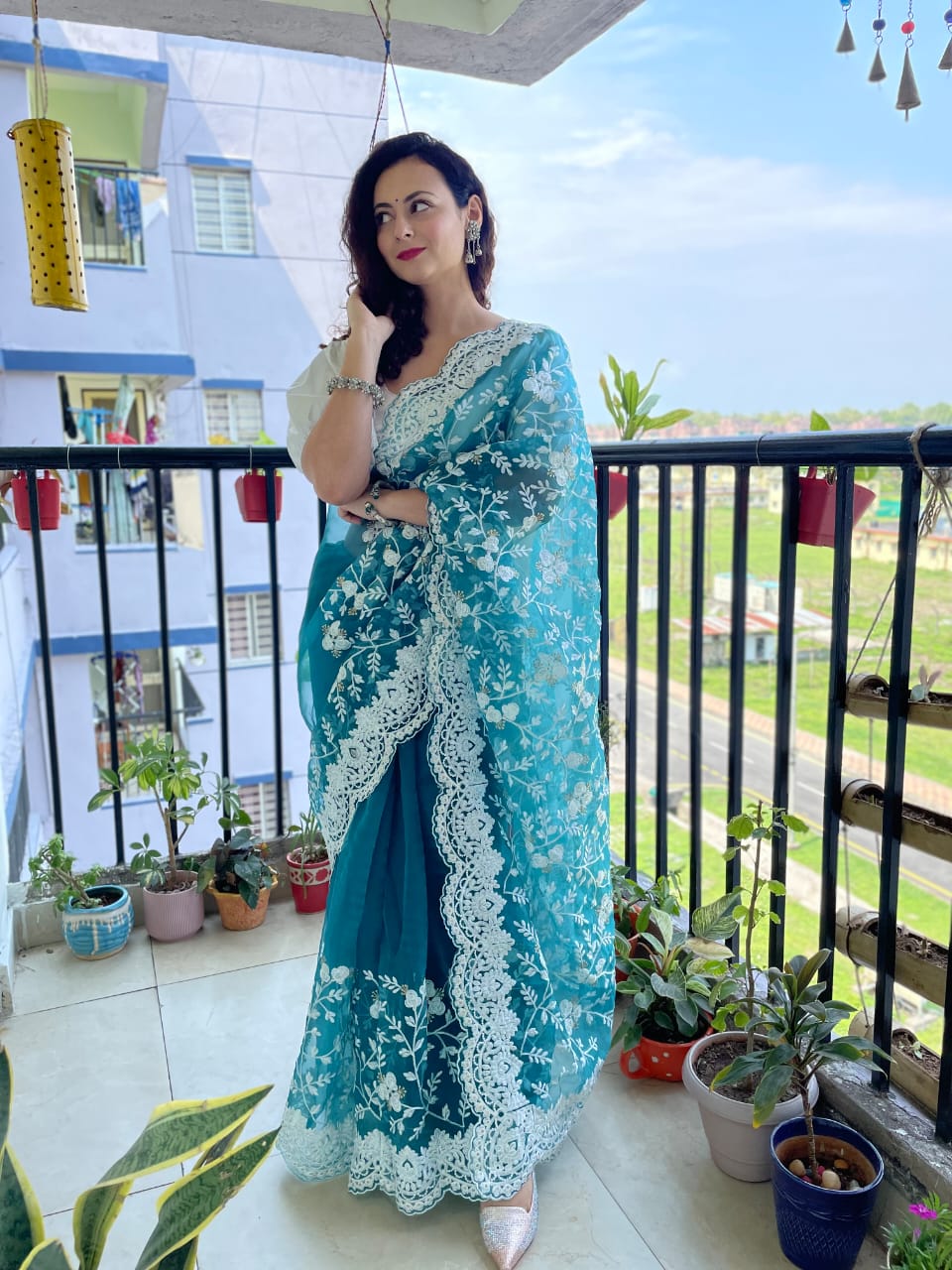 Organza Silk Embroidery Work Teal Blue Color  Saree