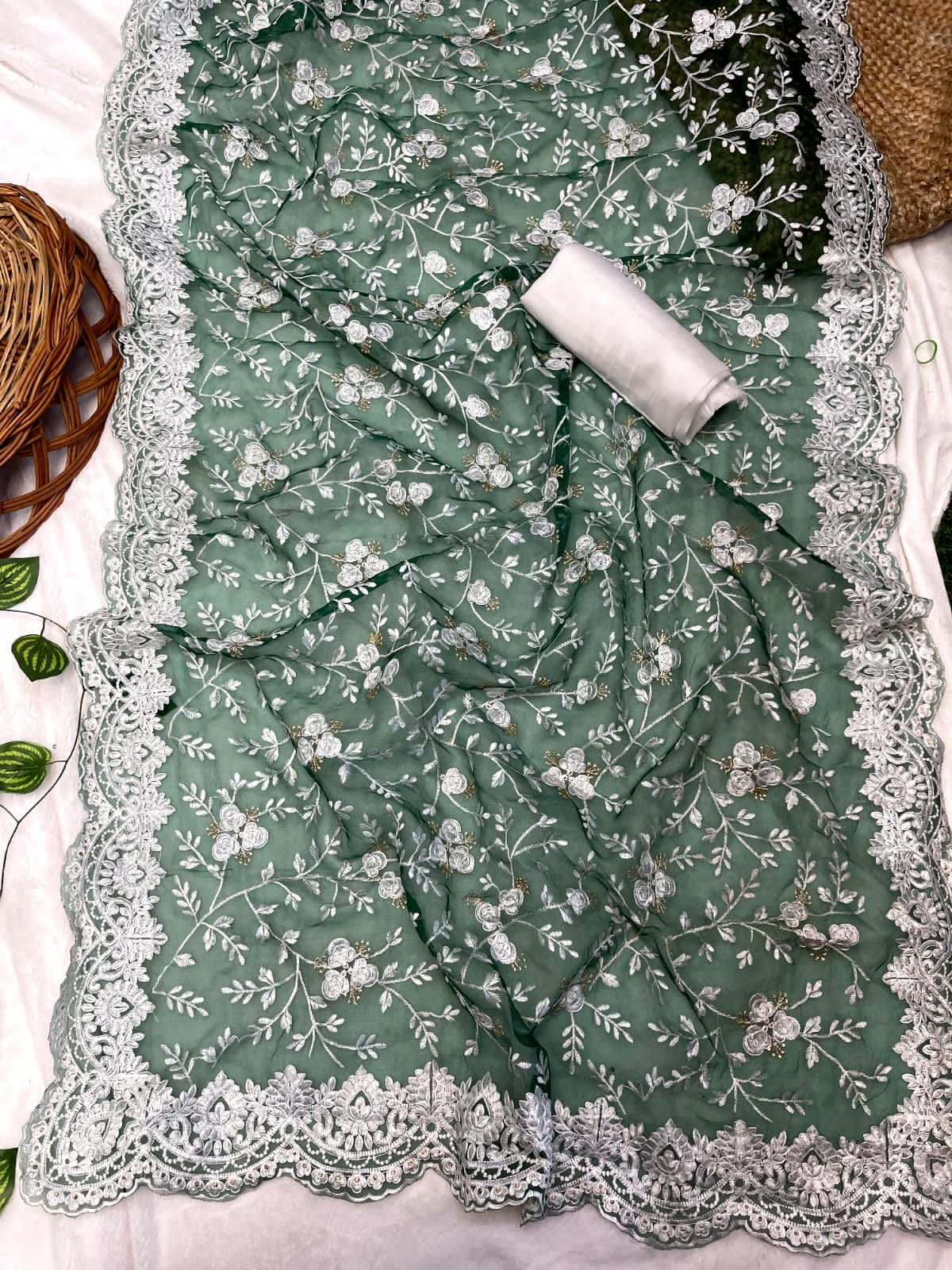 Organza Silk Embroidery Work Green Color  Saree