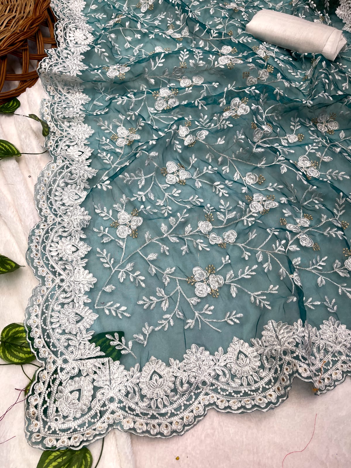 Organza Silk Embroidery Work Teal Blue Color  Saree