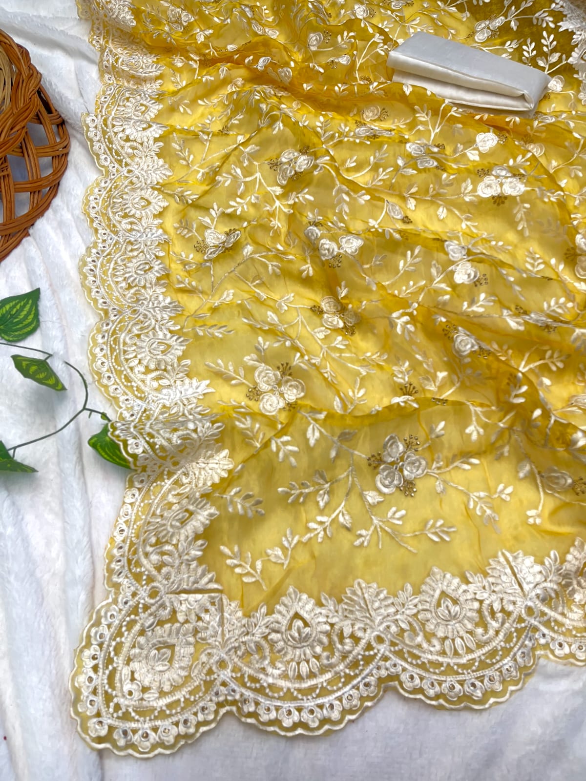 Organza Silk Embroidery Work Yellow Color  Saree