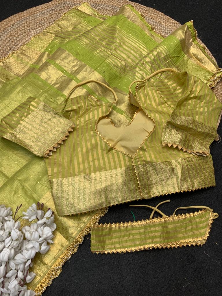 Cotton Silk Parrot Green Color Festive Wear Saree