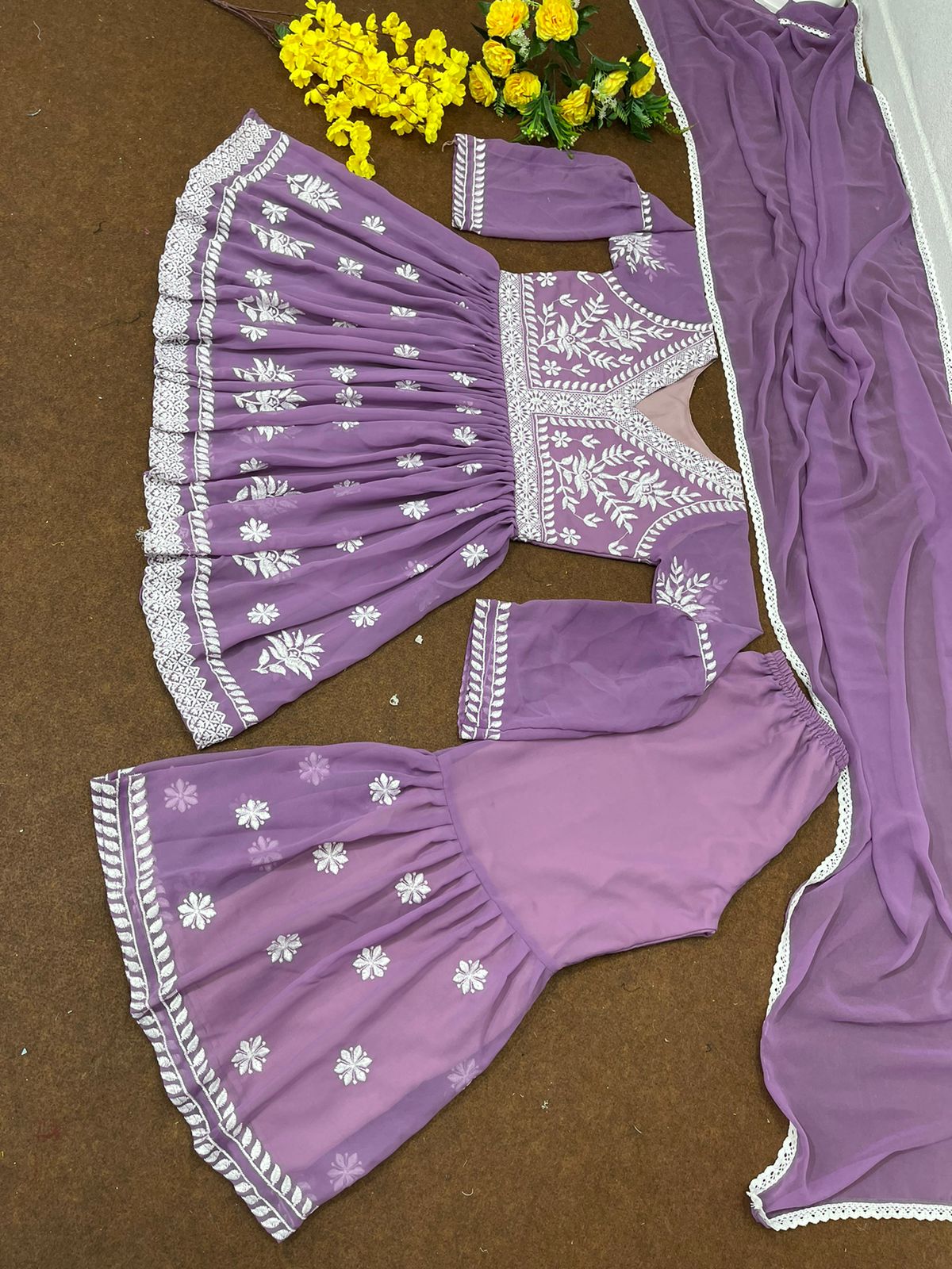 Lavender Color Embroidered Work Blissful Sharara Suit