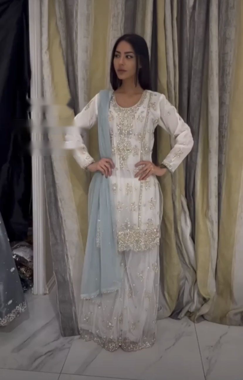 Wedding Wear Beautiful Work White Color Sharara Suit