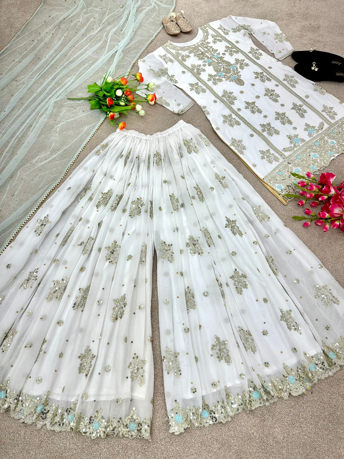 Wedding Wear Beautiful Work White Color Sharara Suit