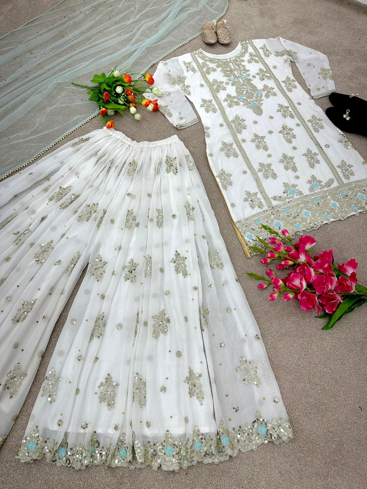 Wedding Wear Beautiful Work White Color Sharara Suit