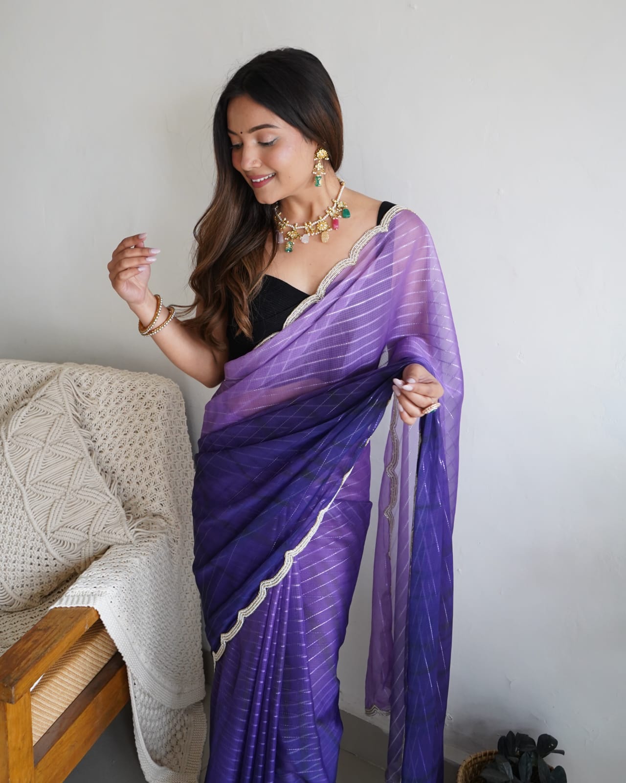 Handwork Purple Color Bridal Wear Saree