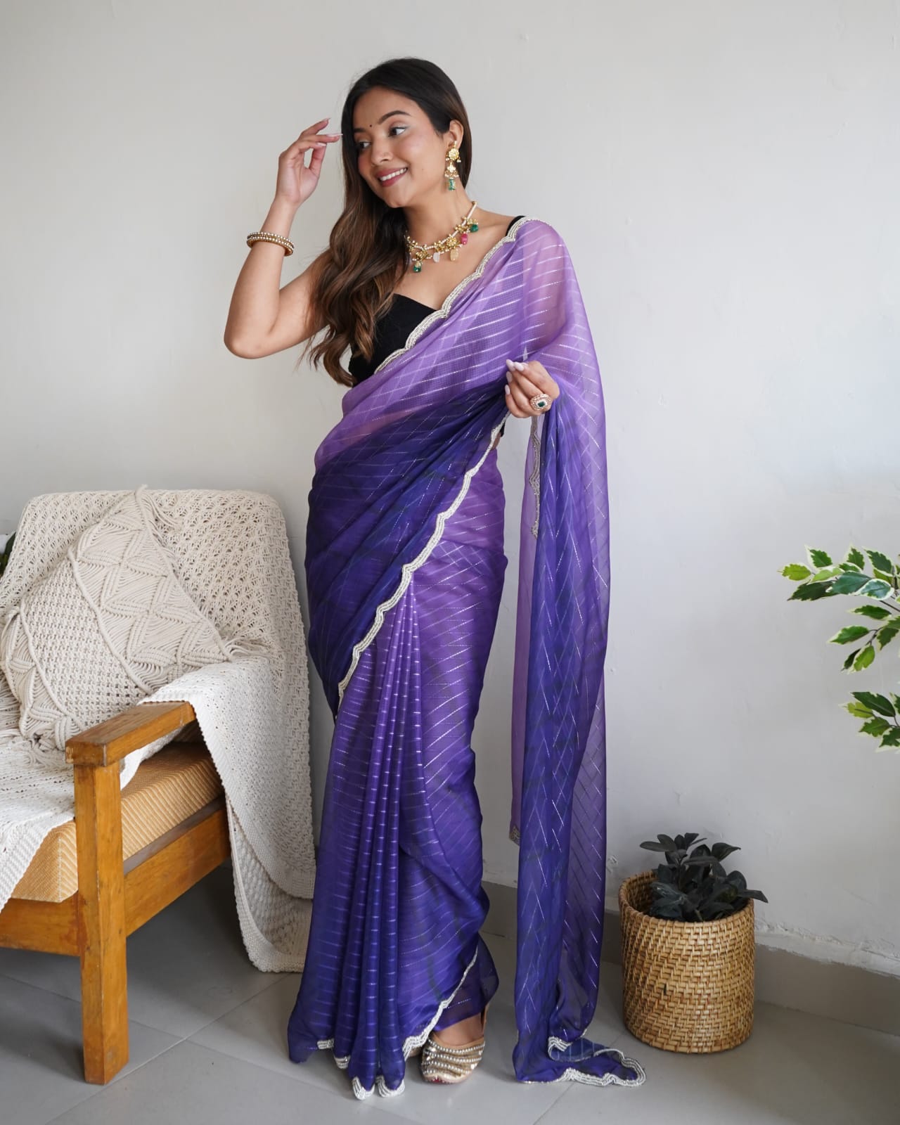 Handwork Purple Color Bridal Wear Saree