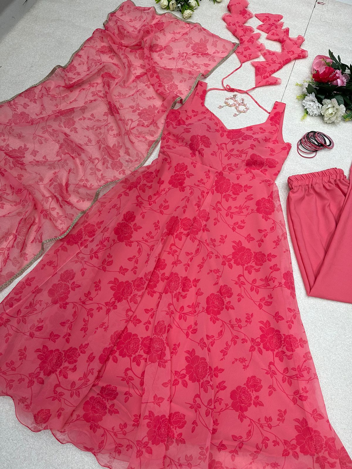 Occasion wear Digital Printed Pink Color Gown