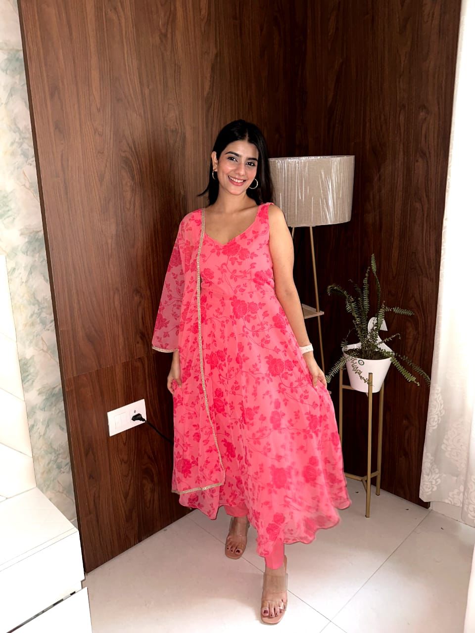 Occasion wear Digital Printed Pink Color Gown