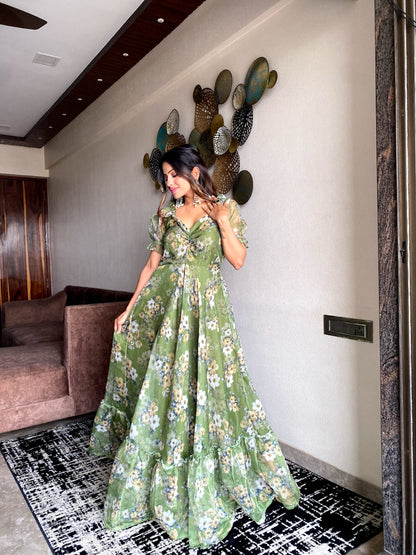 Fancy Sleeves Pista Green Color Printed Gown