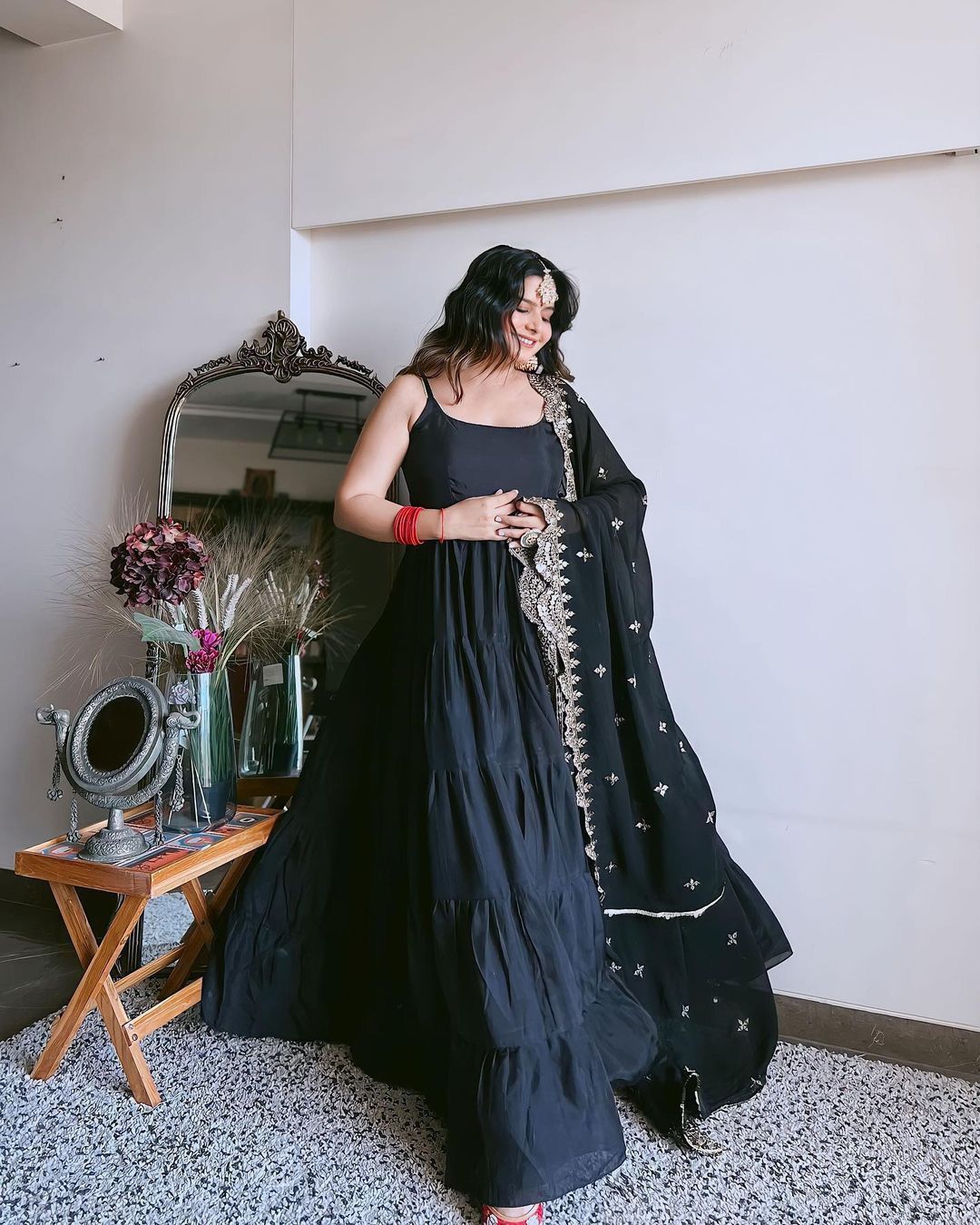 Beautiful Black Color Ruffle Flair Anarkali Gown