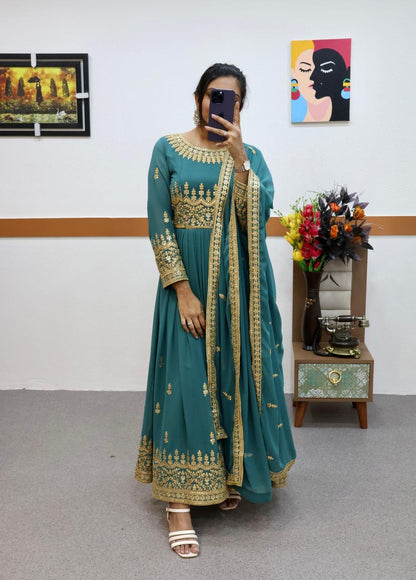 Mesmerizing Sequence Work Aqua Green Color Gown