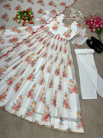 Fascinating Digital Print White Color Anarkali Gown