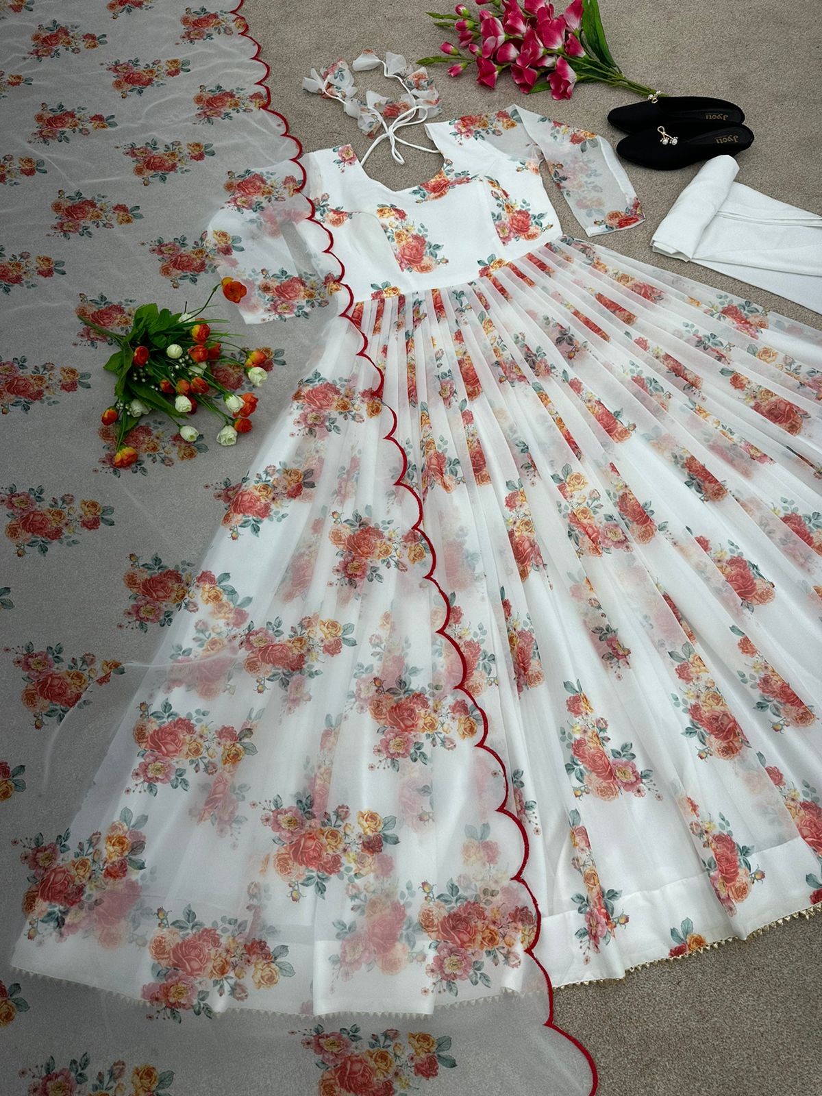 Fascinating Digital Print White Color Anarkali Gown