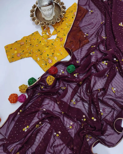 Wedding Wear Thread All Over Work Wine Color Saree