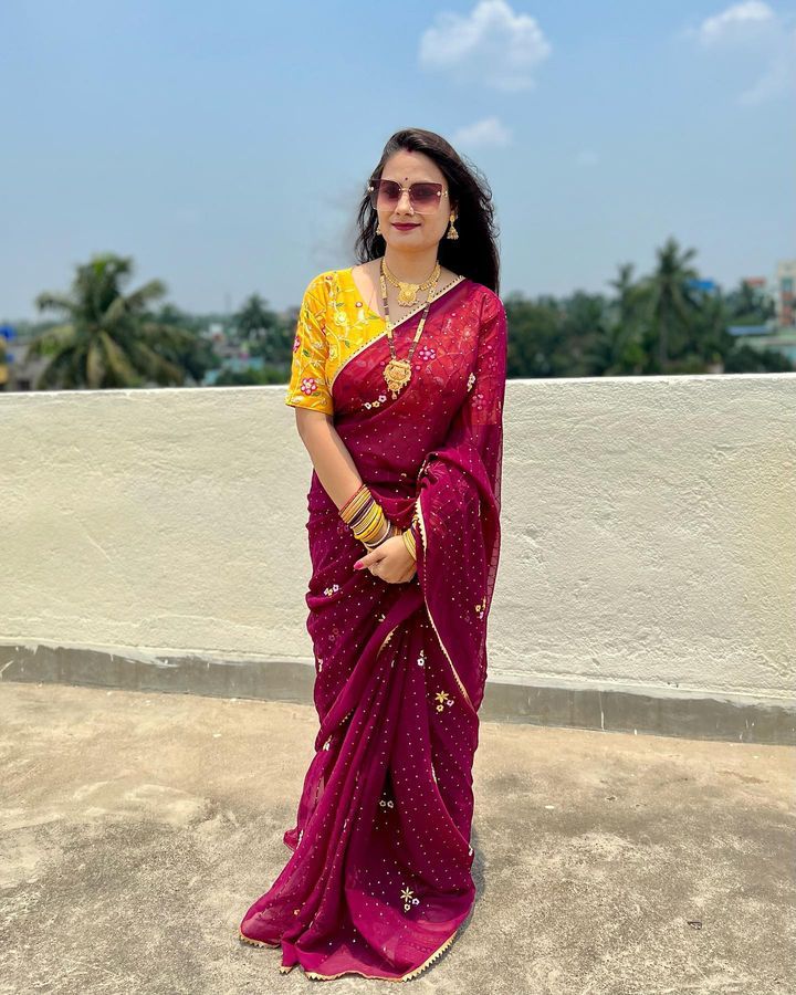 Wedding Wear Thread All Over Work Wine Color Saree