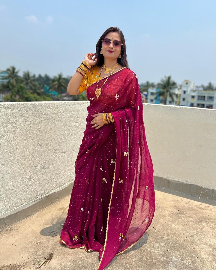 Wedding Wear Thread All Over Work Wine Color Saree