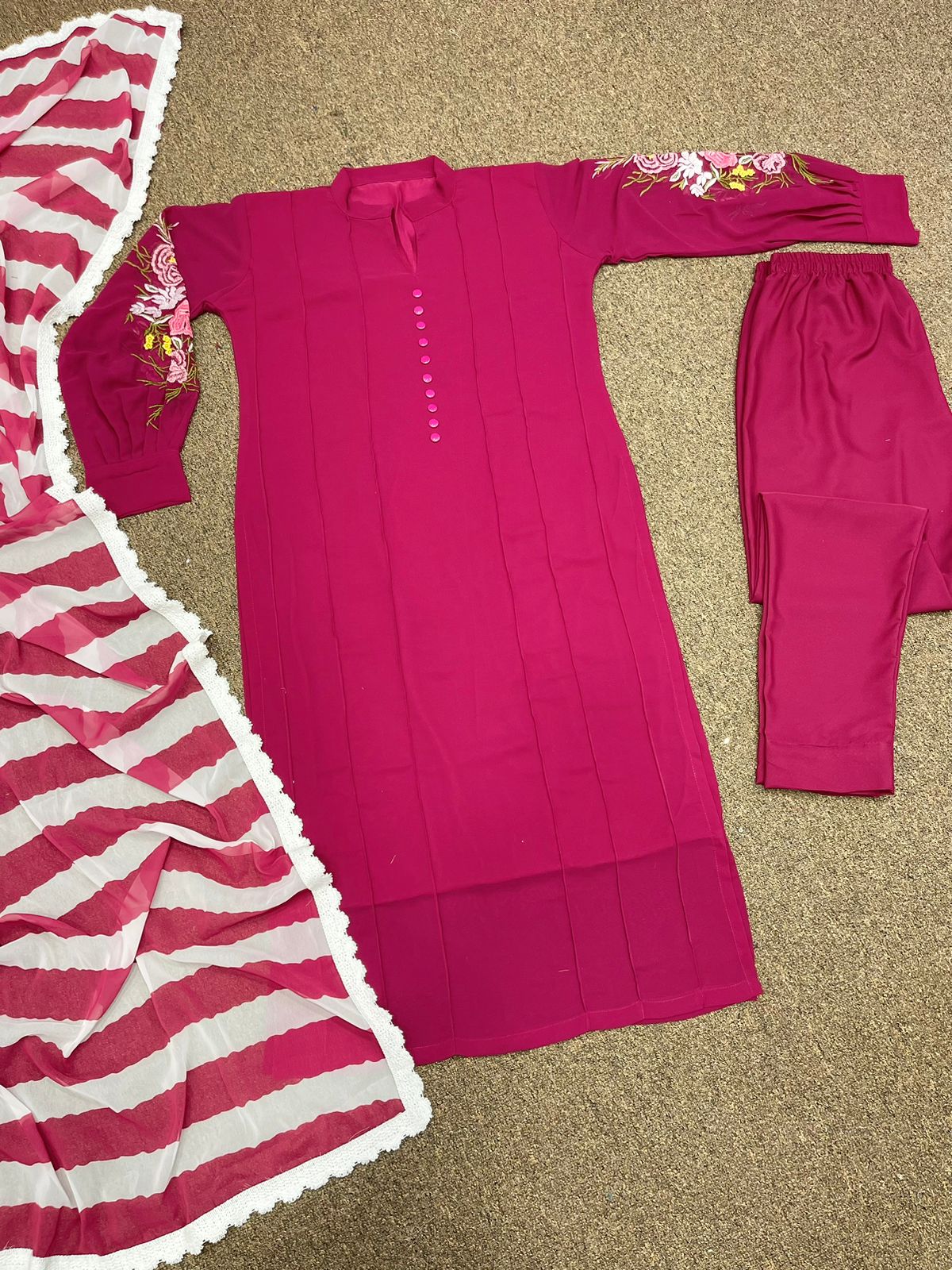 Beautiful Work Dark Pink Color Kurti Set