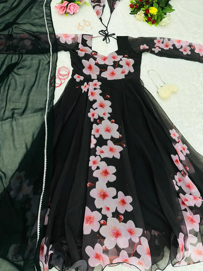 Flower Design Black Color Good Looking Gown