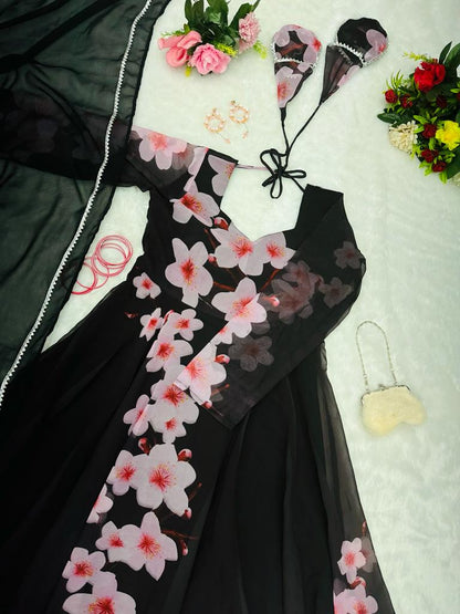 Flower Design Black Color Good Looking Gown