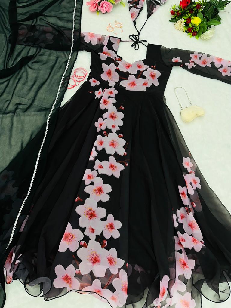 Flower Design Black Color Good Looking Gown