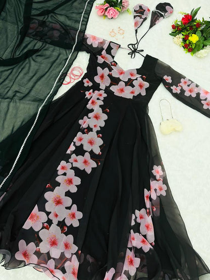 Flower Design Black Color Good Looking Gown