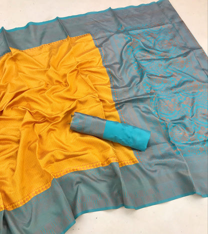 Beautiful Yellow Color Saree With Sky Blue Border