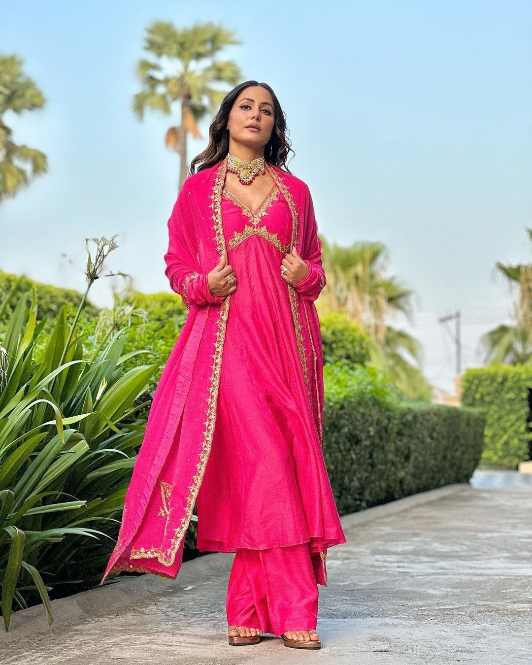 Hina Khan Wear Pink Color Anarkali Gown