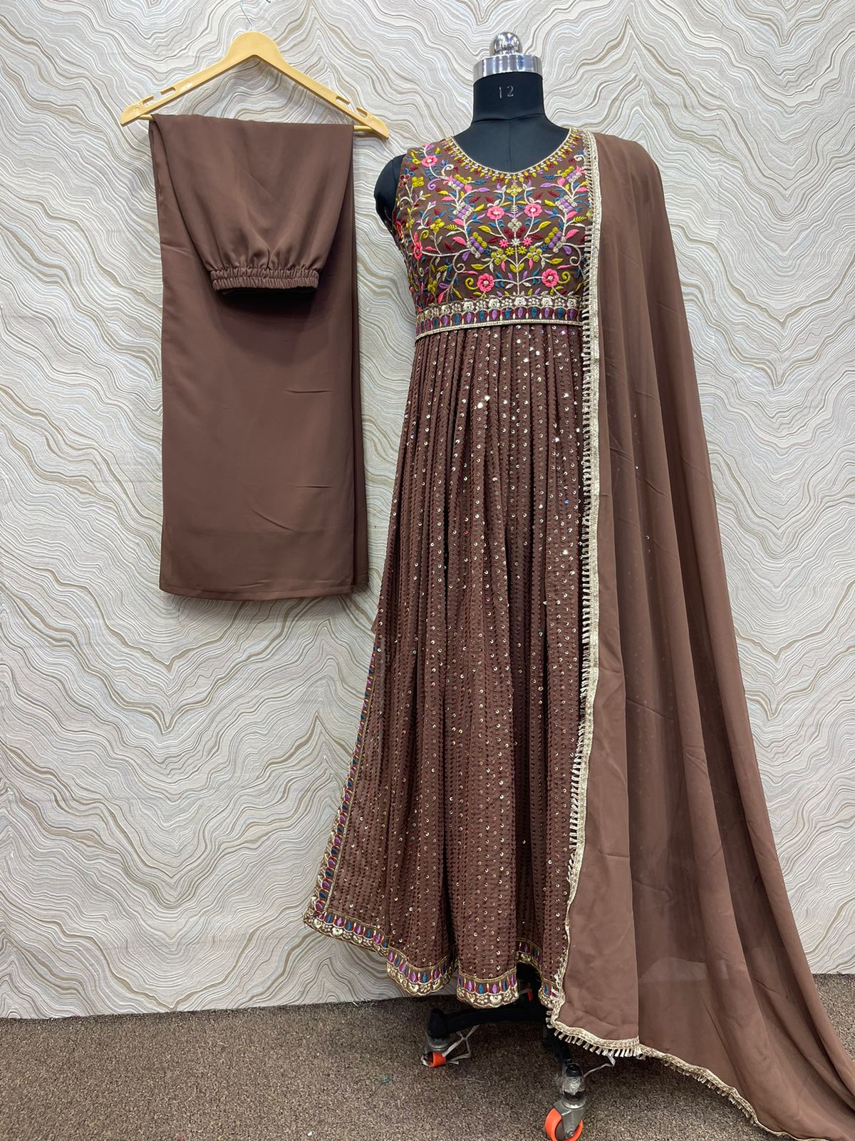 Shining Embroidery Work Brown Color Kurti Set