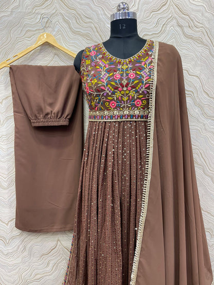 Shining Embroidery Work Brown Color Kurti Set