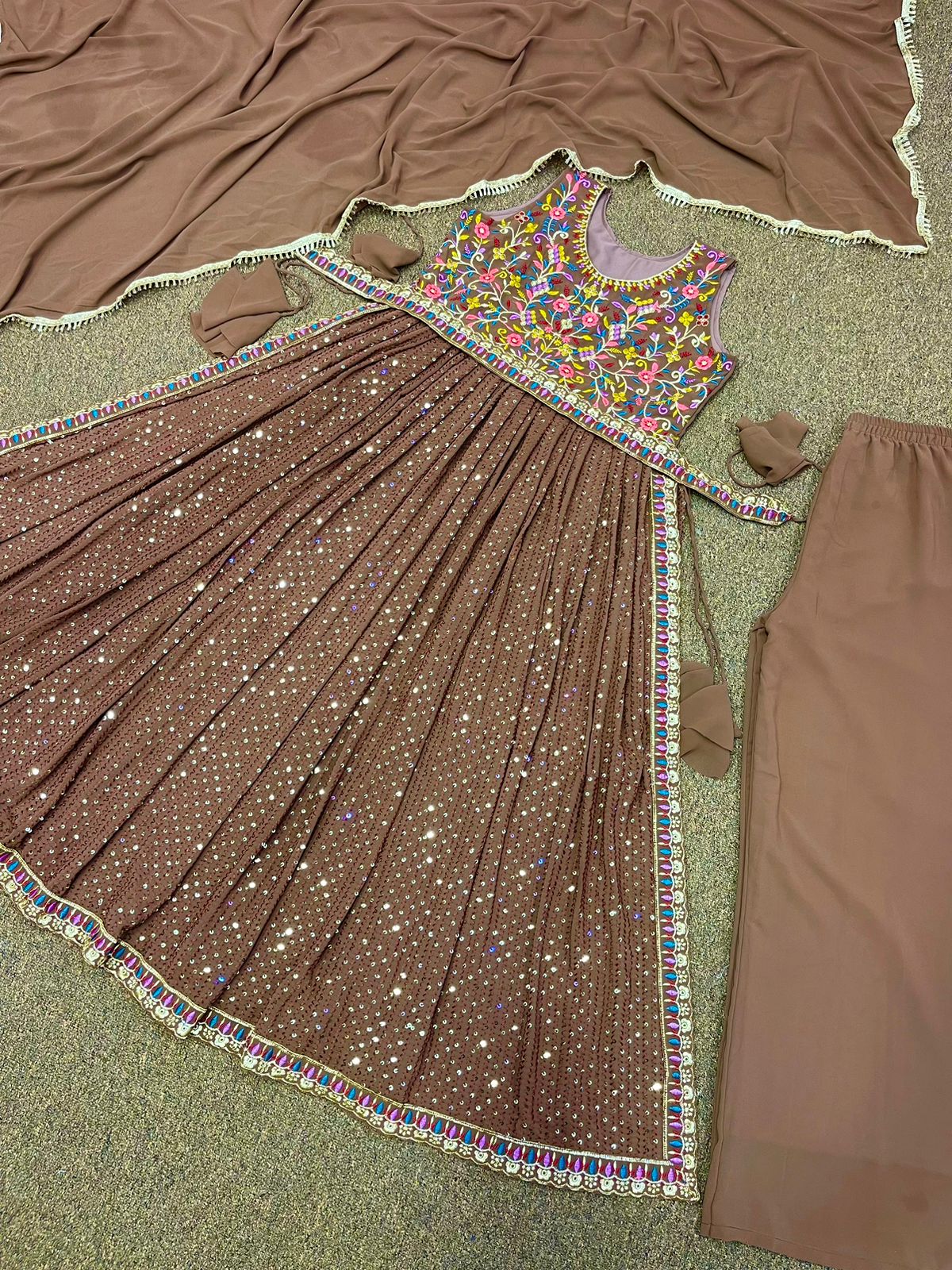 Shining Embroidery Work Brown Color Kurti Set