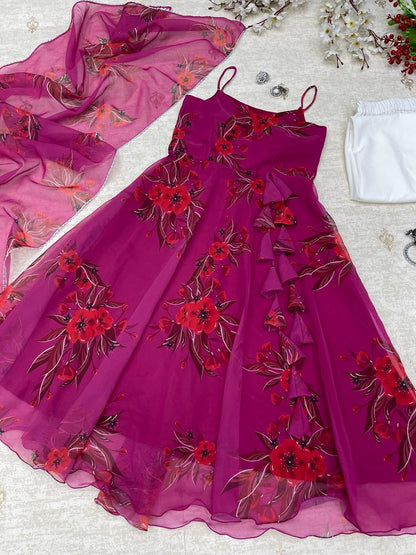 Pink Color Georgette Fabric Digital Print Gown