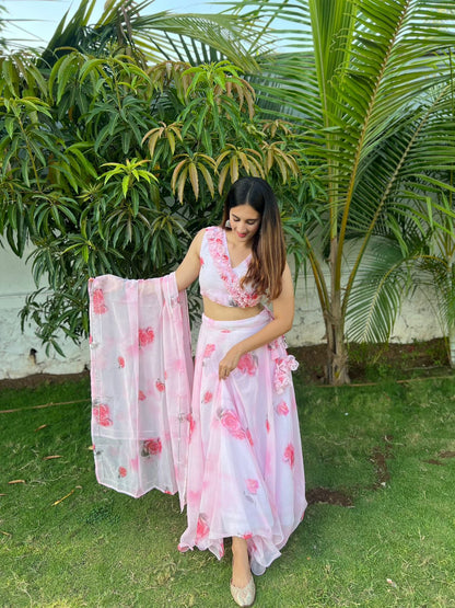 Pretty Flower Print White Color Lehenga Choli