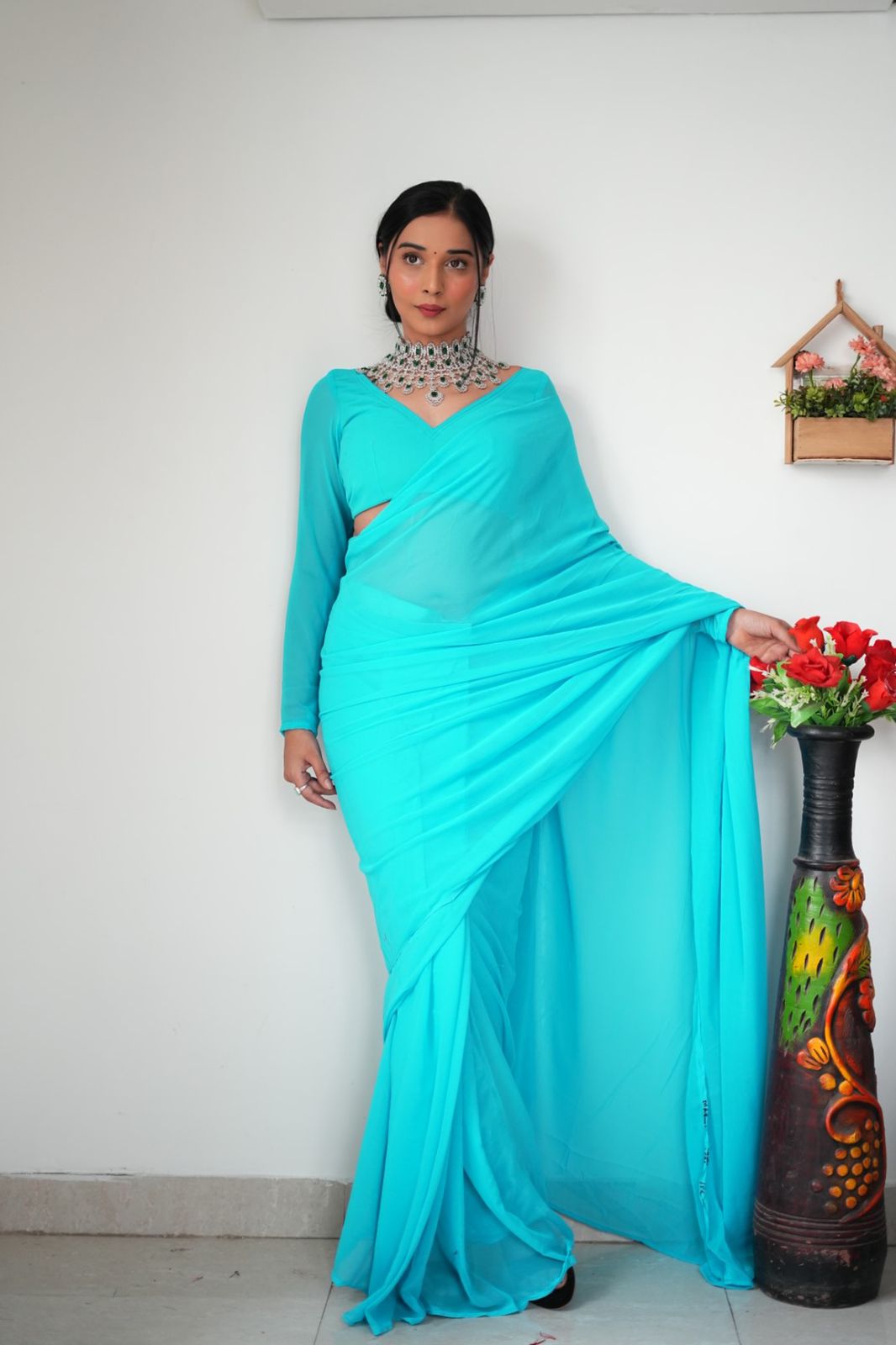 Awesome Ready To Wear Sky Blue Color Saree