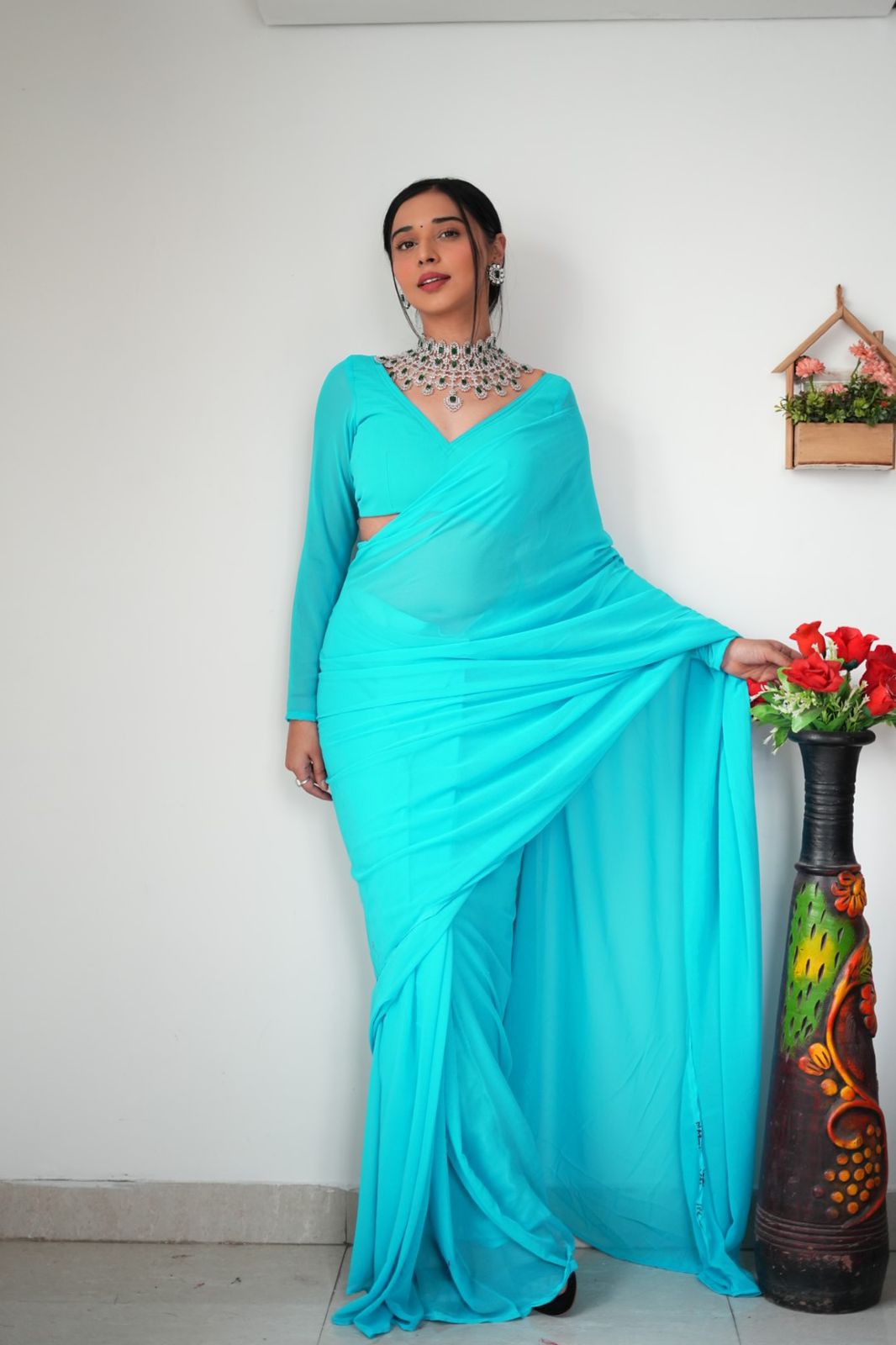 Awesome Ready To Wear Sky Blue Color Saree