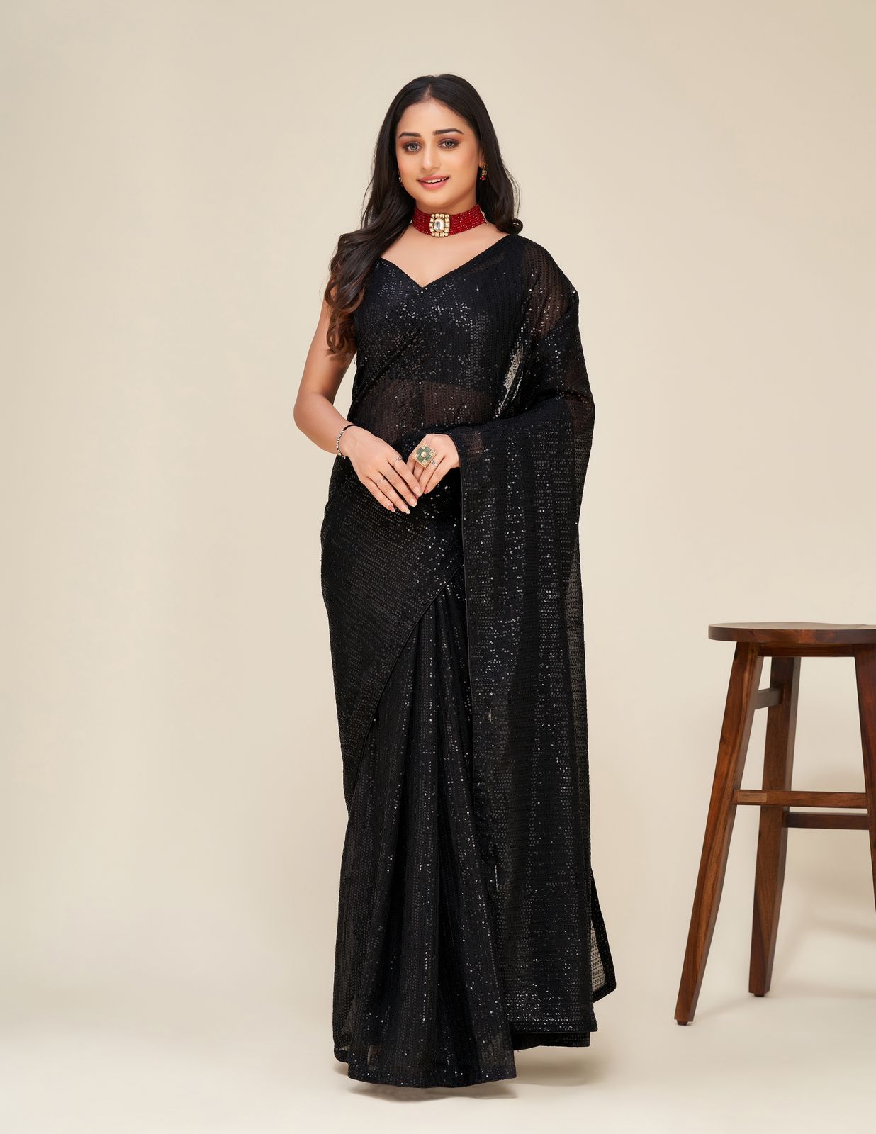 Party Wear Black Color Sequence Work Saree