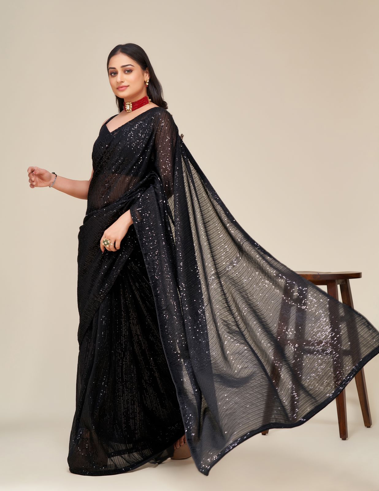 Party Wear Black Color Sequence Work Saree