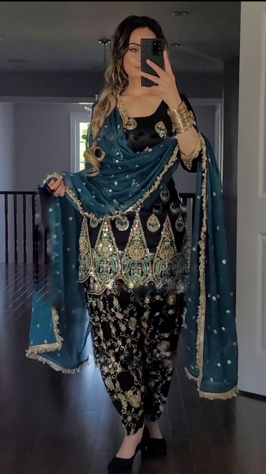 Real Mirror Hand Work Black Color Sharara Suit