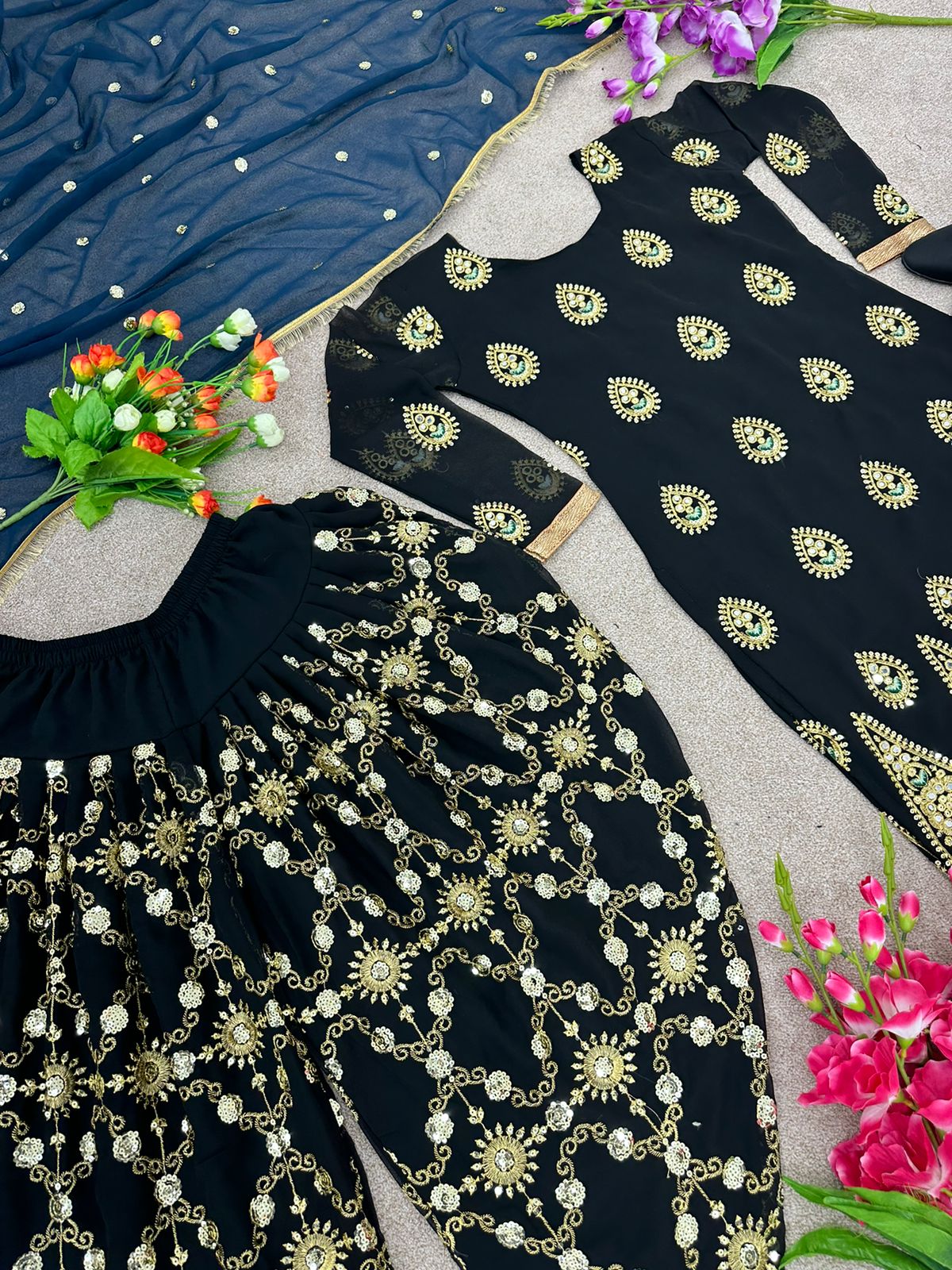 Real Mirror Hand Work Black Color Sharara Suit