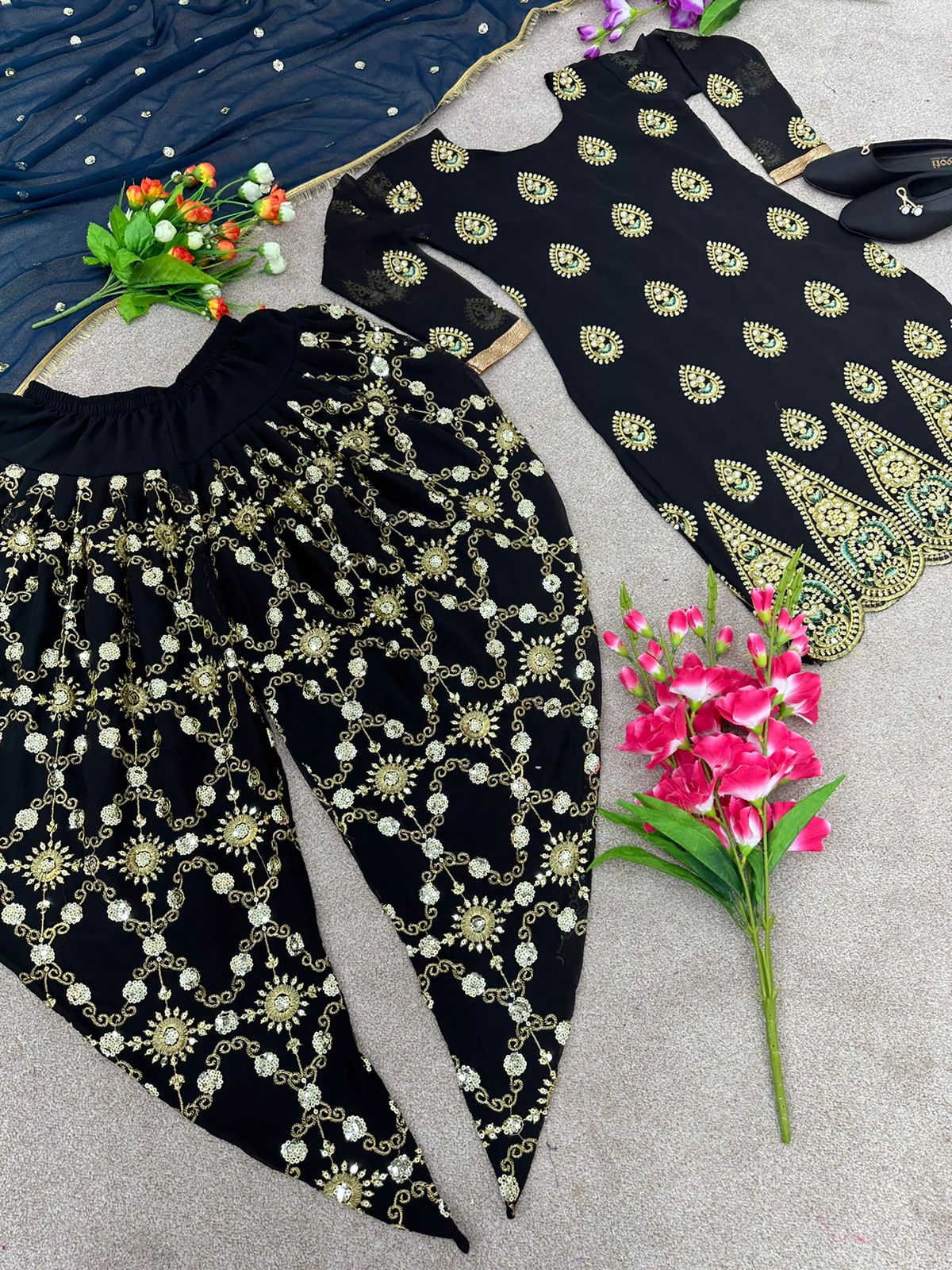 Real Mirror Hand Work Black Color Sharara Suit