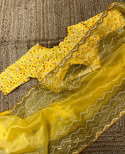 Beautiful Embroidery Work Yellow Color Organza Silk Saree