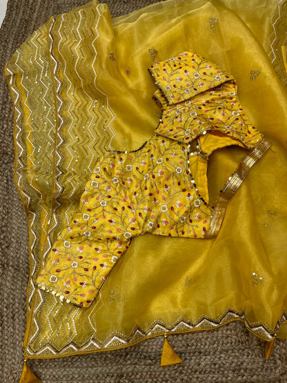 Beautiful Embroidery Work Yellow Color Organza Silk Saree