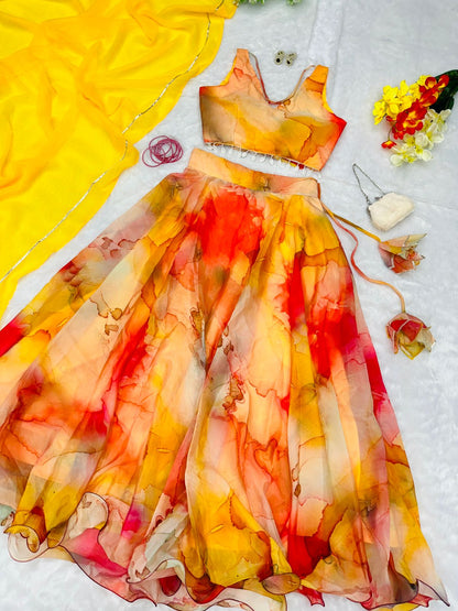 Organza Silk Beautiful Print Yellow Color Lehenga Choli