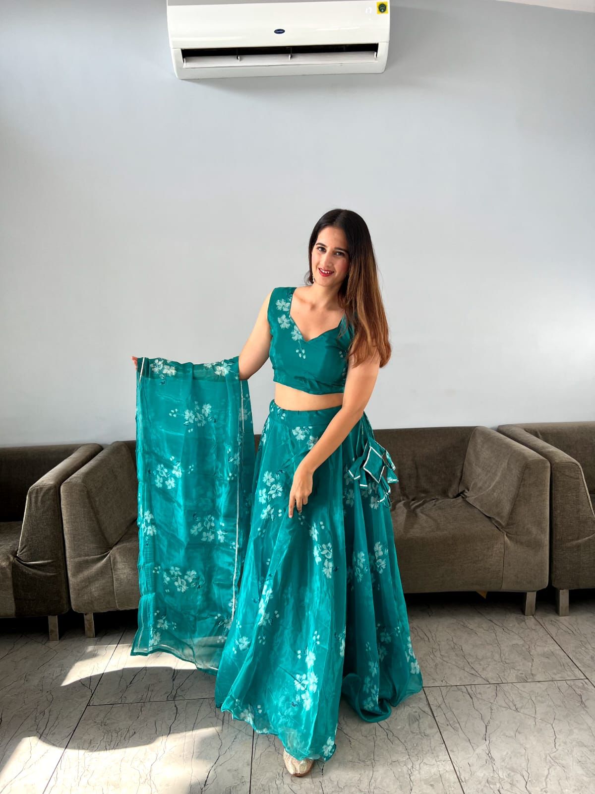 Wonderful Aqua Green Organza Silk Lehenga Choli